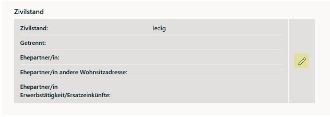 E-QST-Portal - Dialogmaske für die Änderung des Zivilstands.