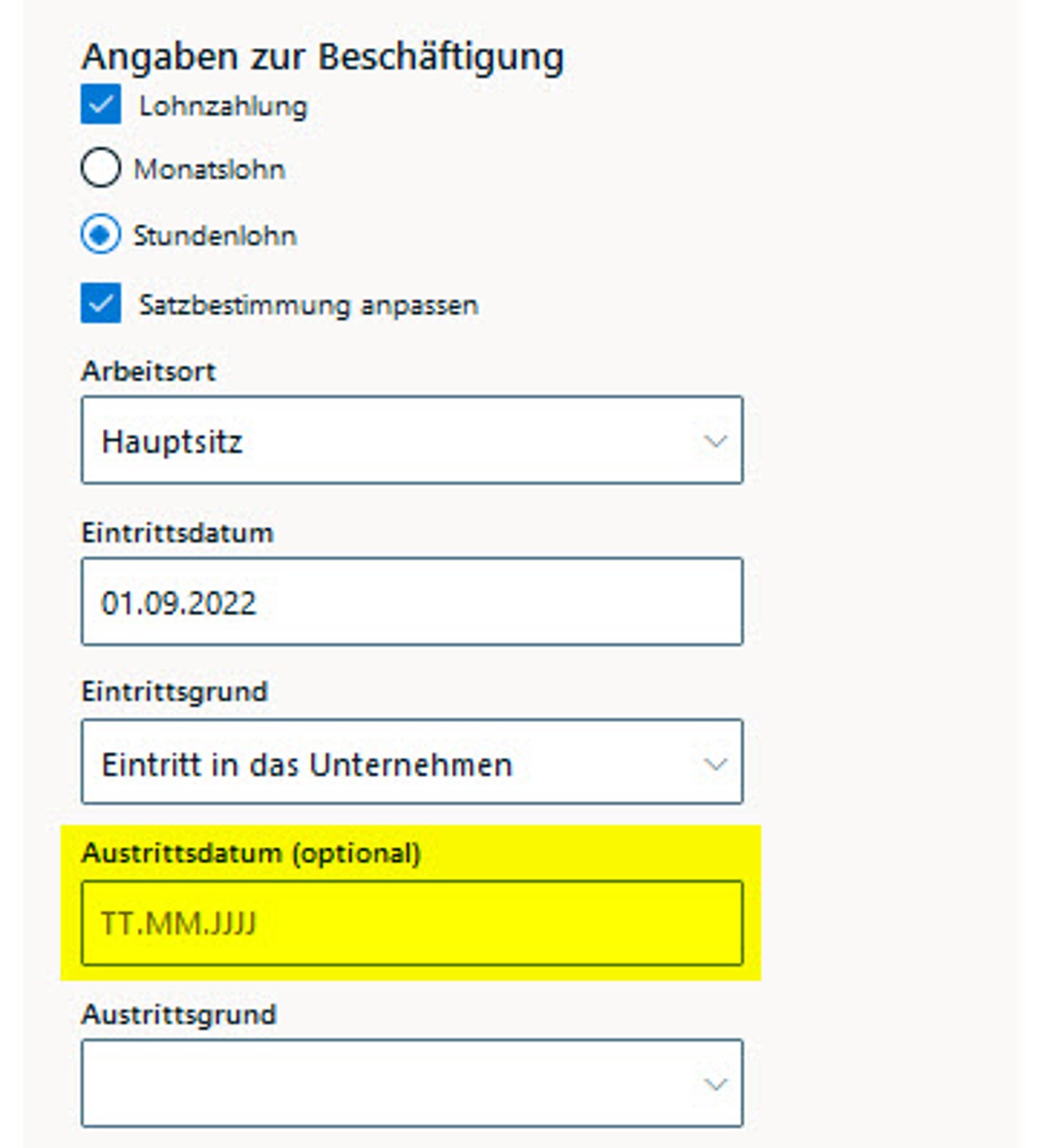 E-QST-Portal - Dialogmaske für die Erfassung des Austrittsdatums.