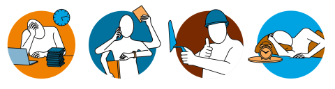 Verschiedene Icons mit Menschen, die das Thema Betriebliches Gesundheitsmanagement personifizieren. Die Icons werden unter "Einzelne Aspekte unter der Lupe" einzeln thematisiert.