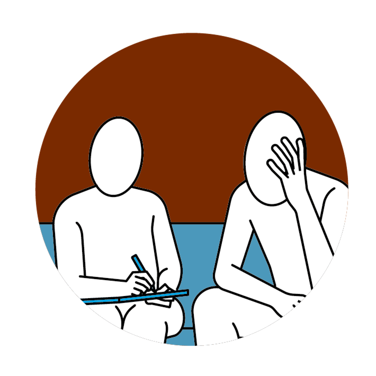 Ein Therapeut, welcher sich Notizen zum Gesagten einer Person macht, die vor ihm auf einem Sofa sitzt und seinen Kopf in seiner Hand abstützt.