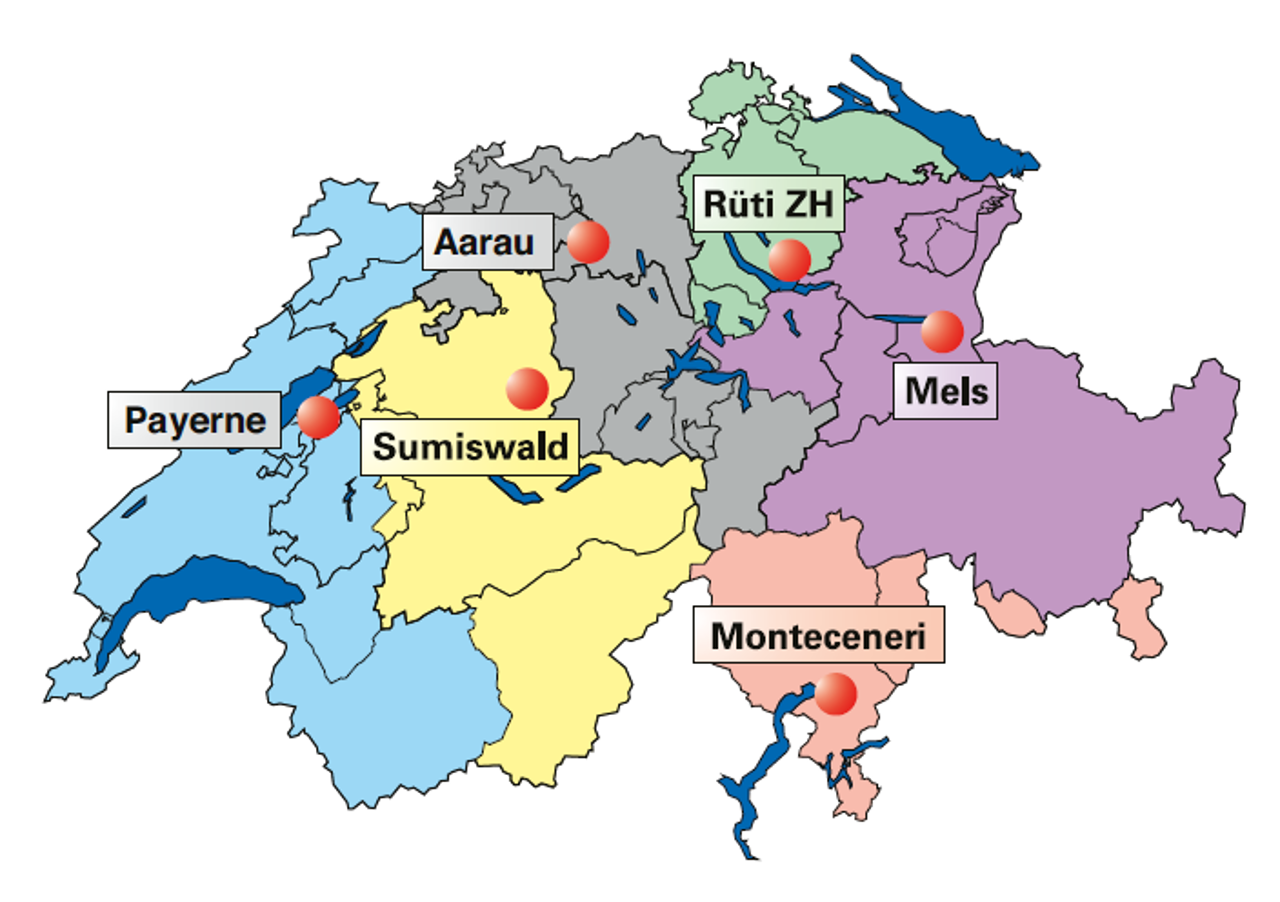 Eine Karte der Schweiz. Hervorgehoben sind die Standorte der Rekrutierungszentren. 