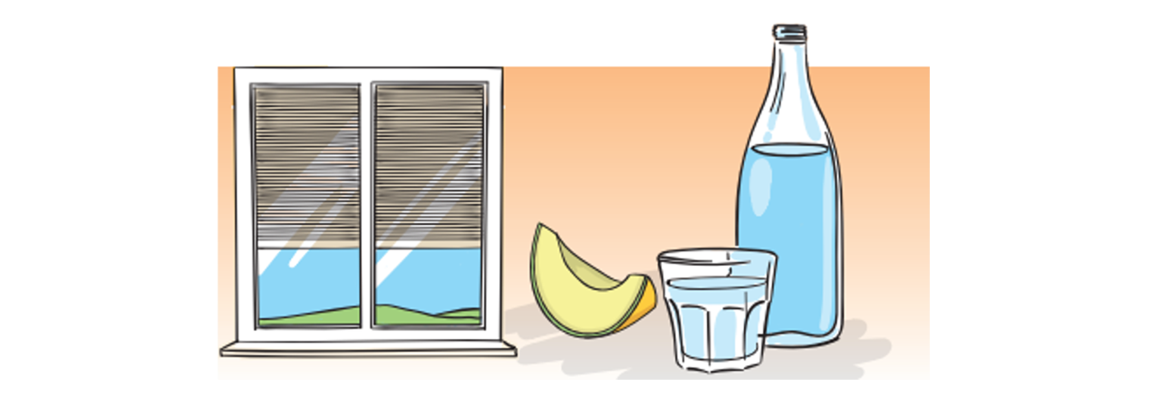 Illustration mit Fenster, Melone und Getränk.
