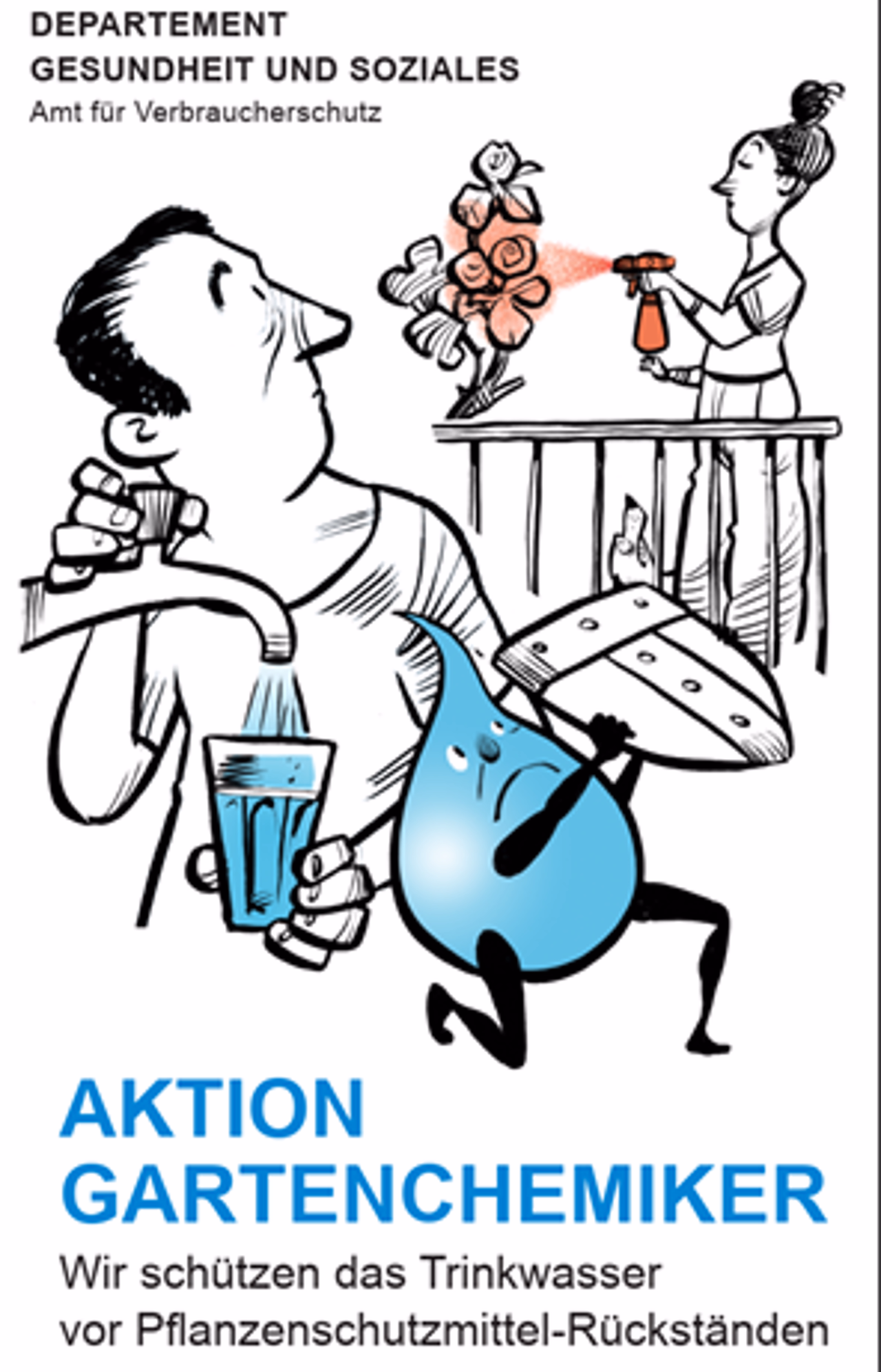 Gezeichnete Figuren: eine Person sprüht eine Pflanze ein, eine andere lässt ein Glas Wasser aus dem Hahnen.
