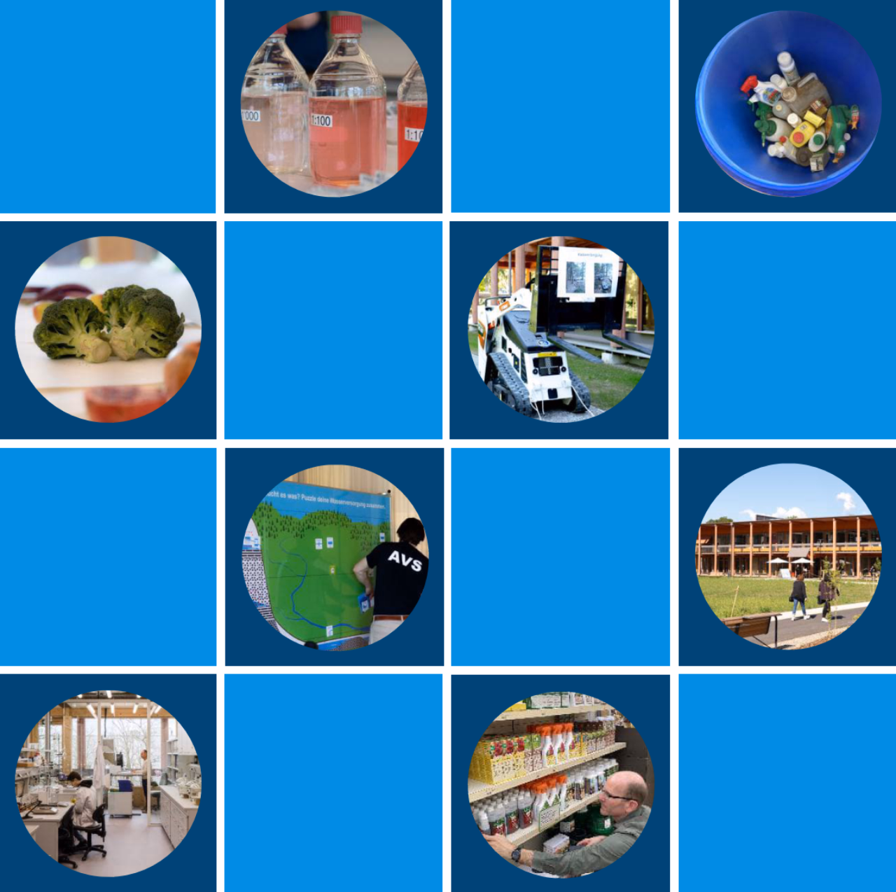 Collage mit hellblauen und dunkelblauen Quadraten, einige Quadrate enthalten Bilder von Lebensmitteln, Laborproben etc.