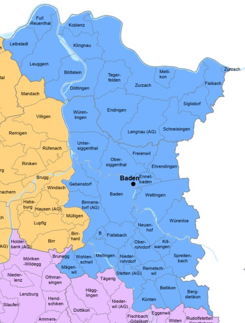 Karte der Bezirke Baden und Zurzach, für welche das Grundbuchamt Baden zuständig ist