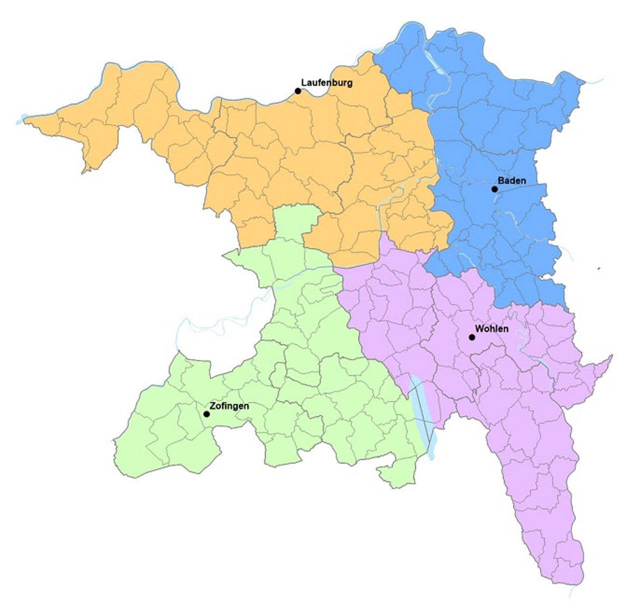 Übersichtskarte des Kantons Aargau mit den vier Grundbuchkreisen und den elf Bezirken