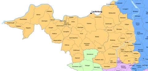 Karte der Bezirke Brugg, Laufenburg und Rheinfelden, für welche das Grundbuchamt Laufenburg zuständig ist