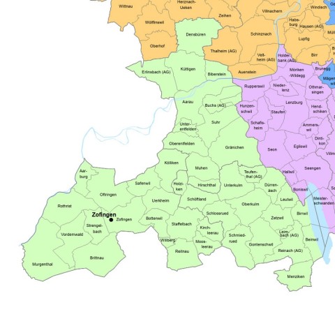 Karte der Bezirke Aarau, Kulm und Zofingen, für welche das Grundbuchamt Laufenburg zuständig ist
