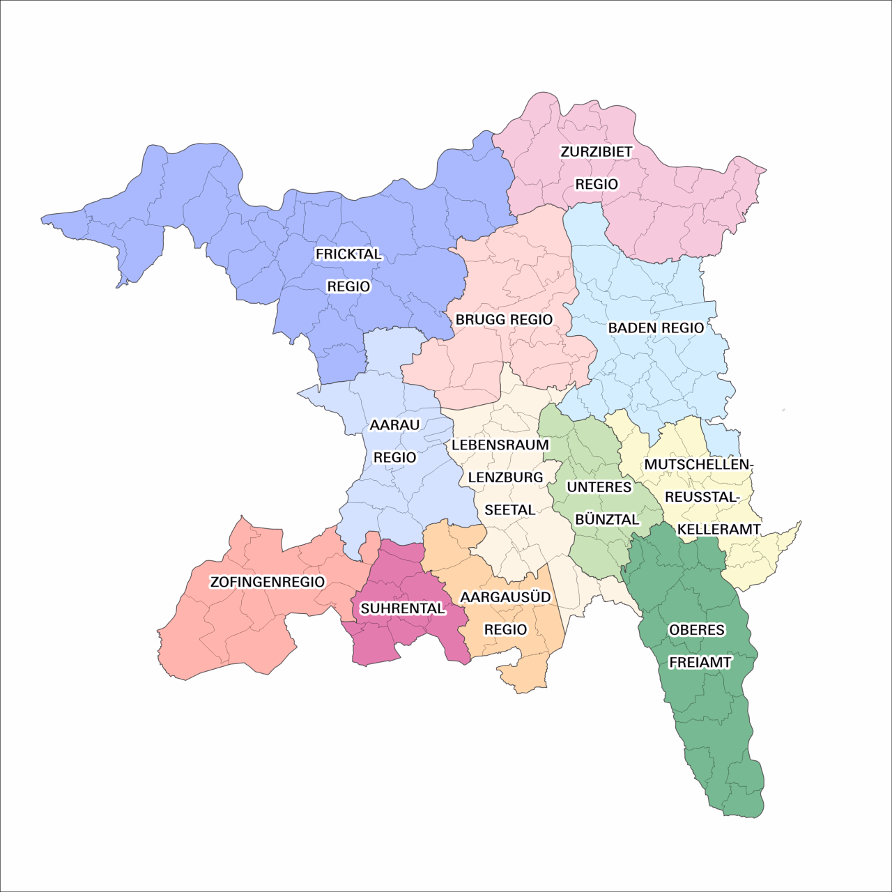 Karte des Kantons Aargau, in der die Regionen in verschiedenen Farben voneinander unterschieden werden. Die einzelnen Regionen sind Fricktal Regio, Region Aarau, Zofingenregio, Brugg Regio, Lebensraum Lenzburg Setal, Suhrental, aargau Süd implus, Zurzibiet Regio, Baden Regio, Unteres Bünztal, Mutschellen-Reusstal-Kelleramt, Oberes Freiamt.