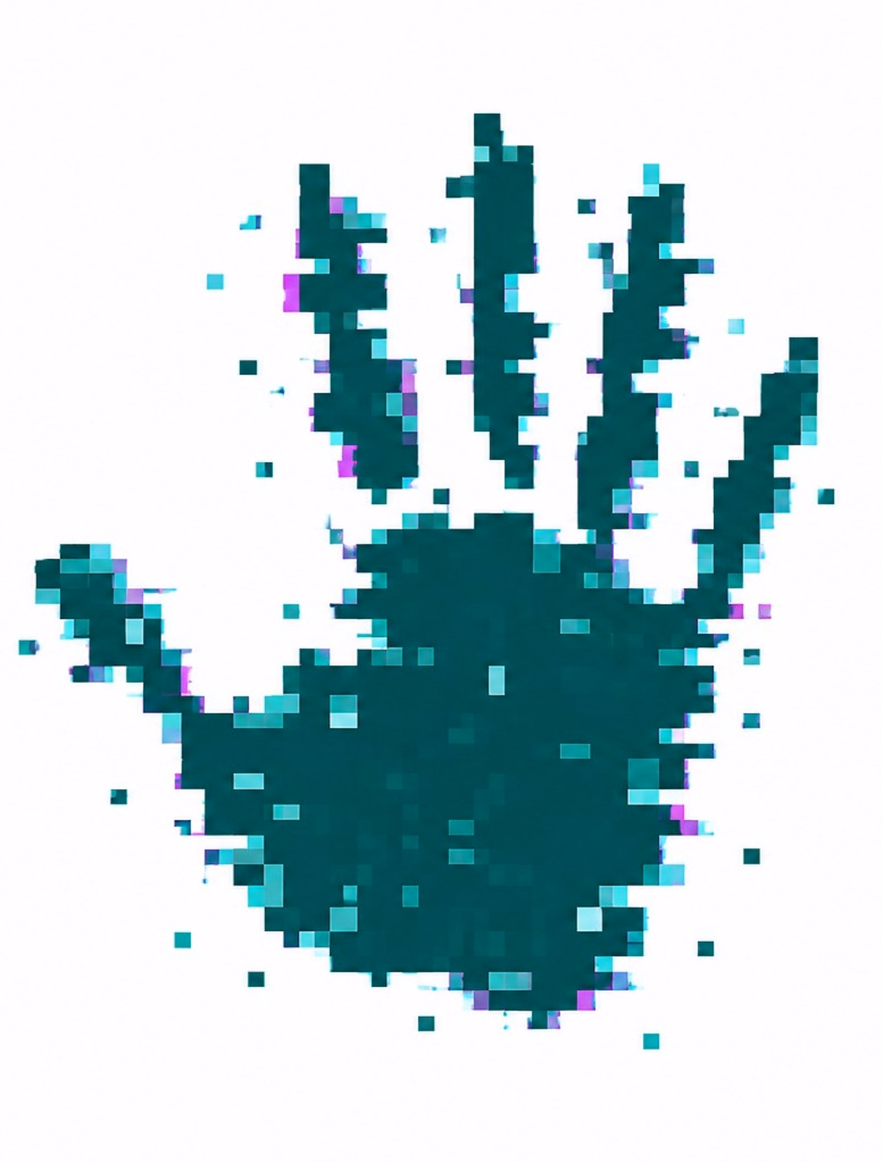 Eine türkisfarbene Hand ist stark verpixelt und digital verzerrt dargestellt. Einzelne Pixel und Störeffekte rund um die Hand vermitteln den Eindruck eines Hackerangriffs oder technischen Bildfehlers.