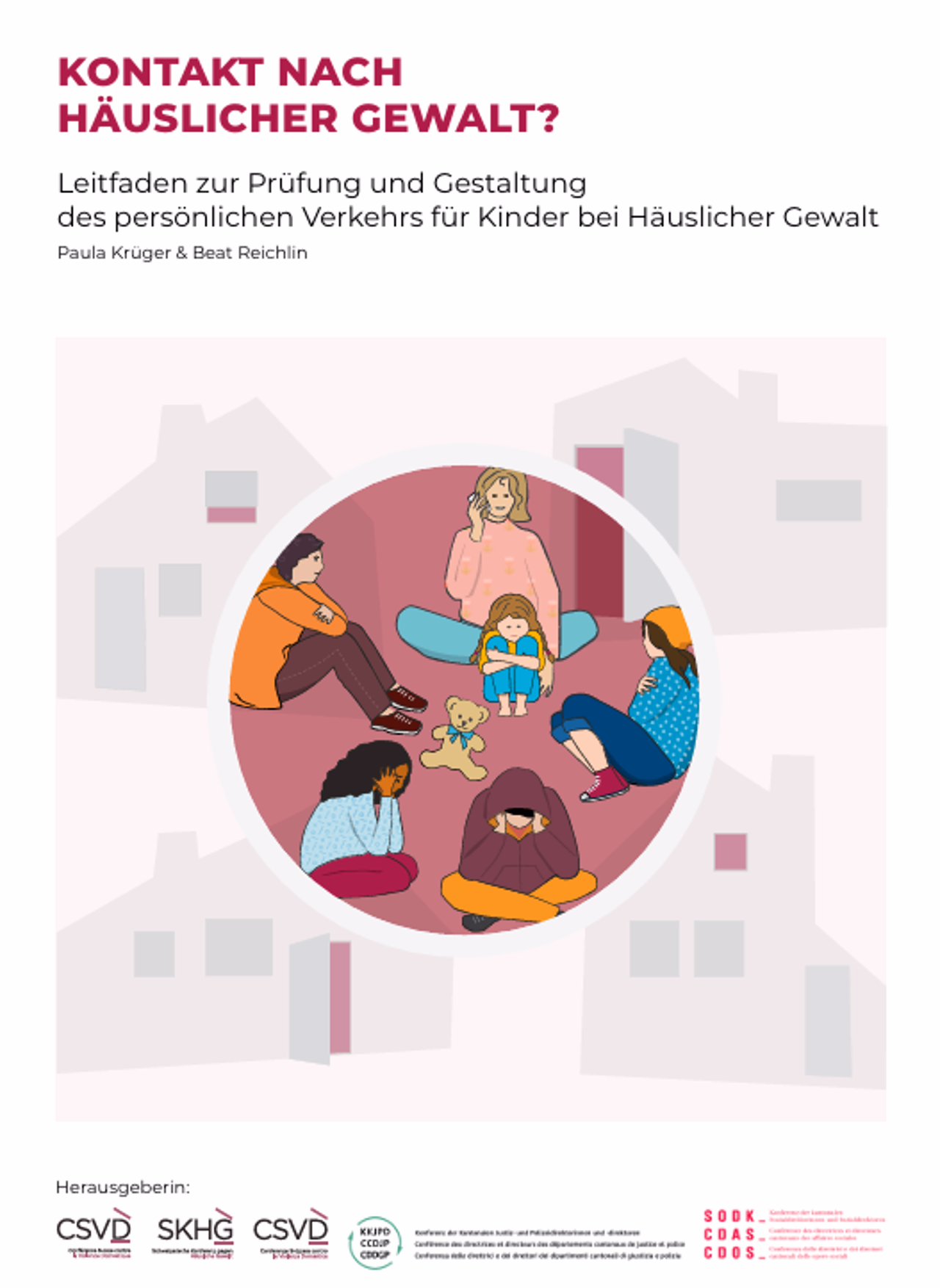 Das Bild zeigt das Titelbild des Leifadens Kontakt nach häuslicher Gewalt, herausgegeben von der SKHG.