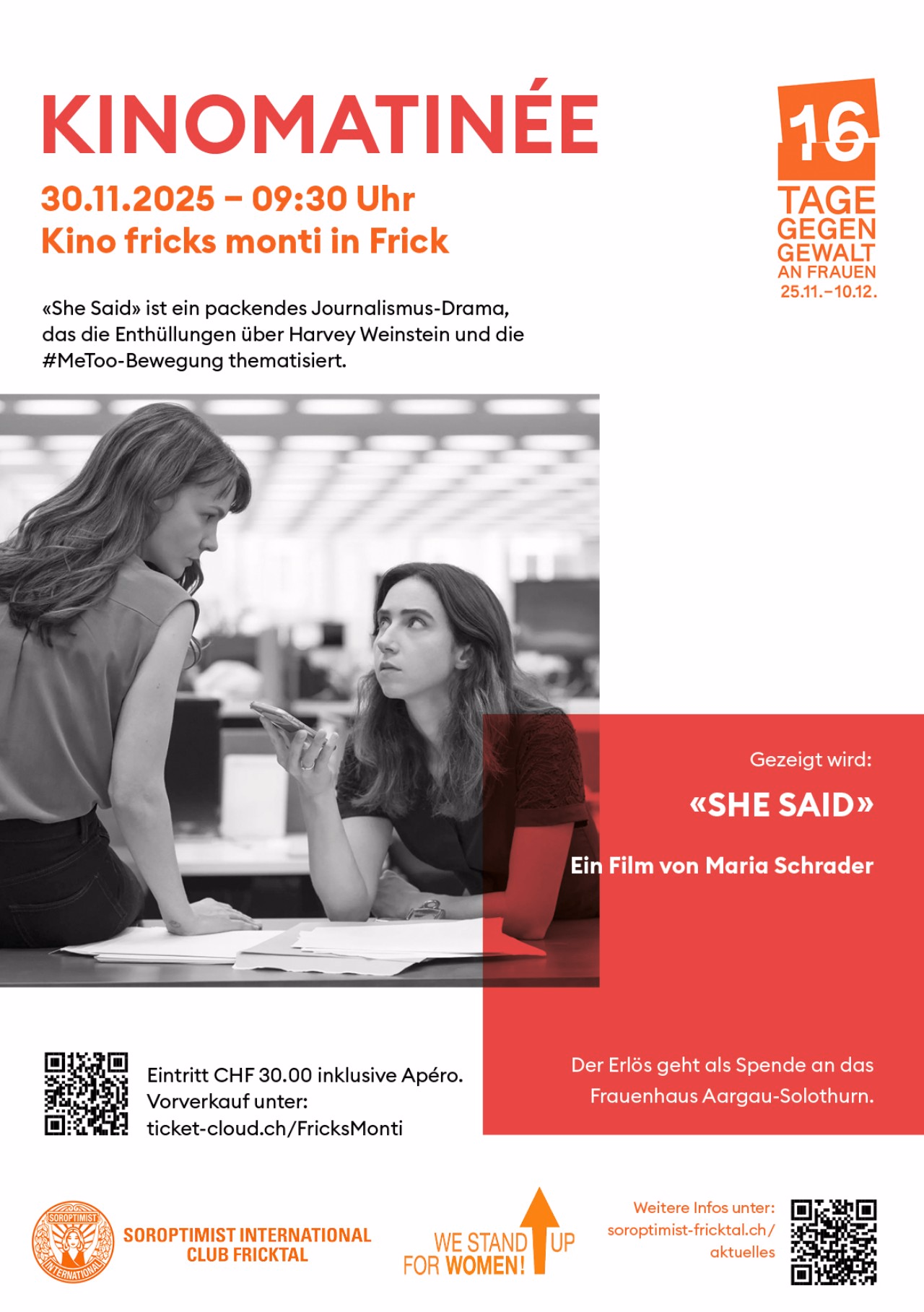 Flyer zur Kinomatinee am 30.11.2025 im Kino Fricks Monti mit dem Film She Said.