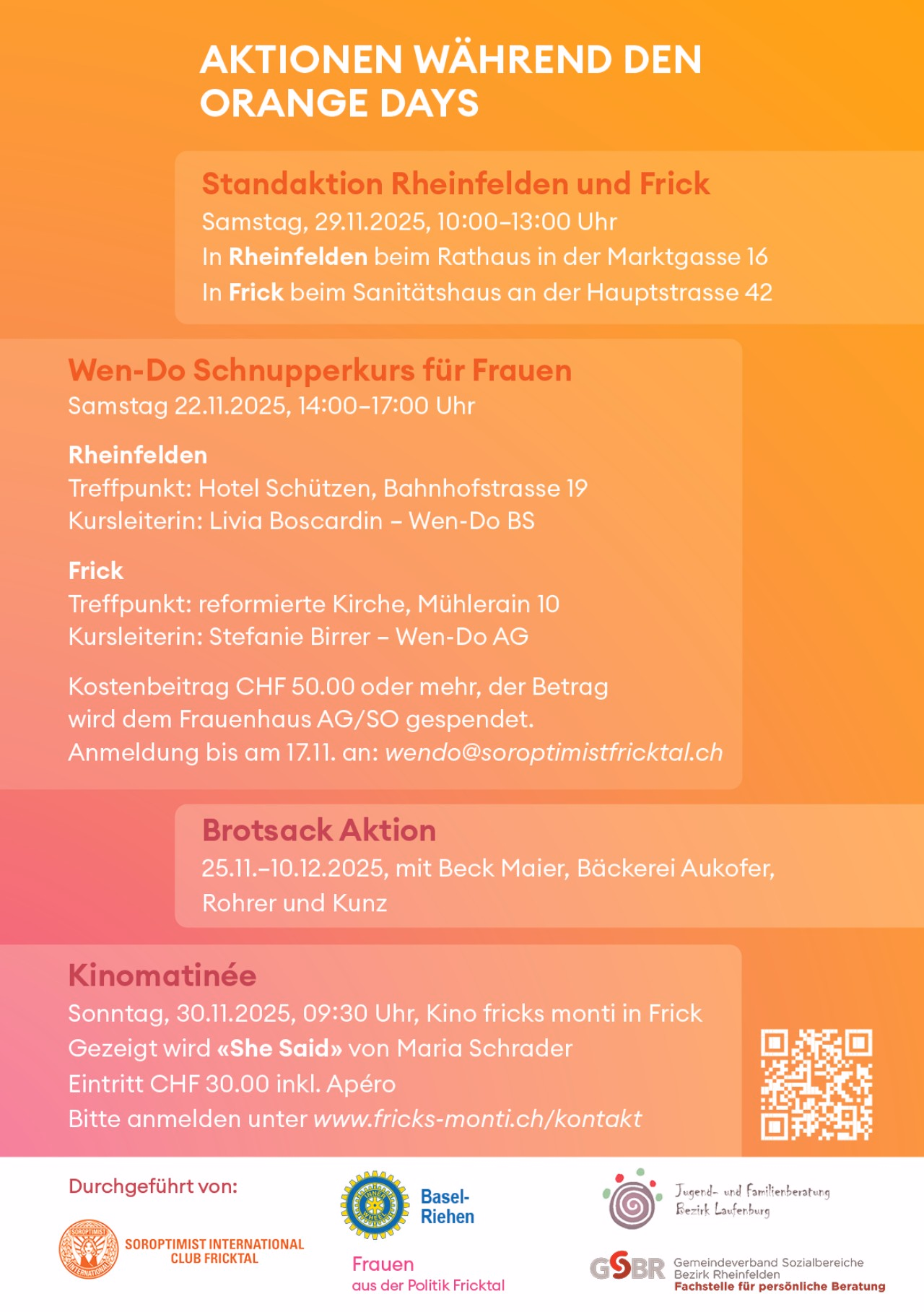 Flyer mit Veranstaltungen zu den Orange Days 2025 im Fricktal: Kurse, Aktionen und Kinomatinee gegen Gewalt an Frauen.