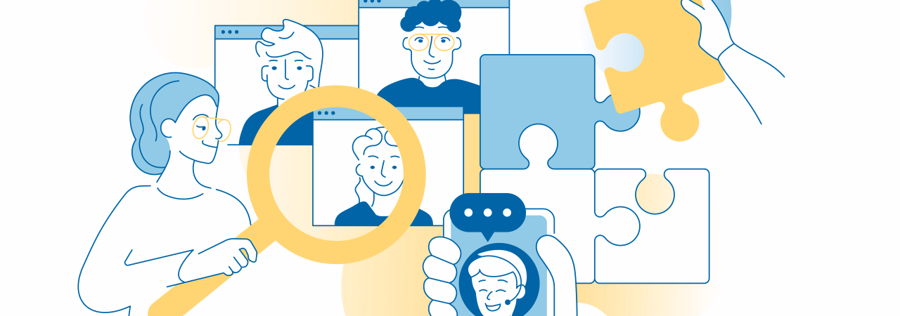 Illustration zu Teamarbeit: Menschen in Videokonferenz, Lupe zur Analyse, Smartphone mit Chat und Puzzleteile als Symbol für Zusammenarbeit.