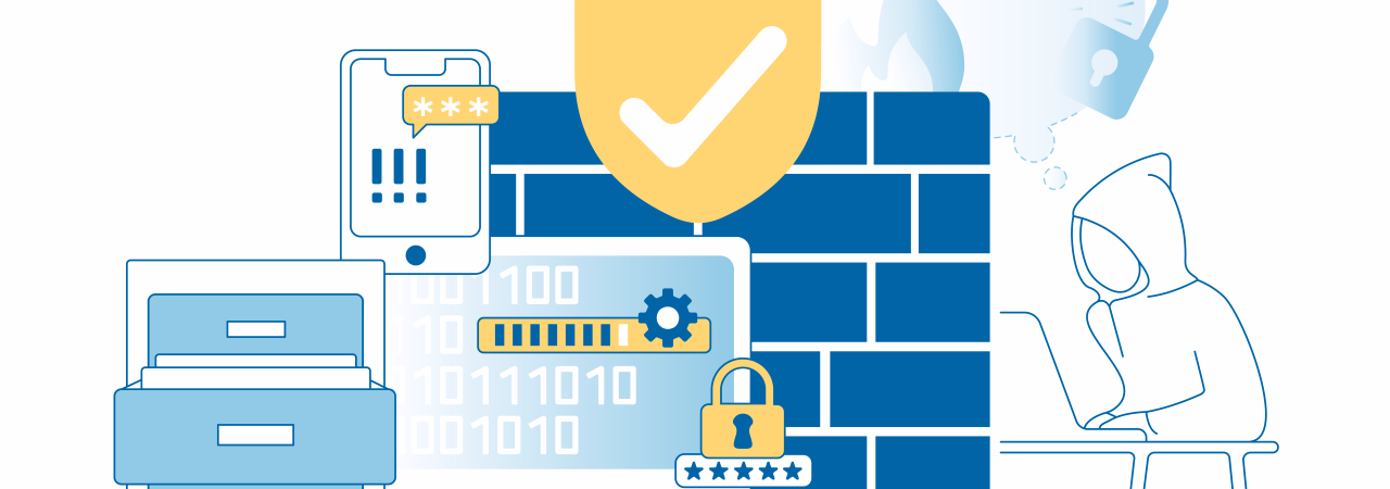Illustration zu Cybersicherheit: Firewall, Schild und Schlösser schützen Daten vor Hackerangriffen, Malware und unbefugtem Zugriff.