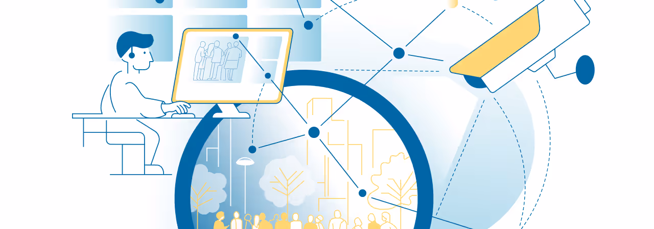 Illustration zur Videoüberwachung: Vernetzte Kamera und Computer erfassen Menschen in der Stadt, Datenströme zeigen Sicherheit und Kontrolle.