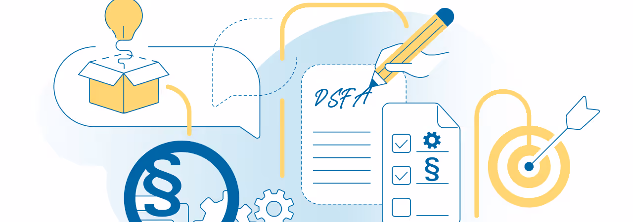 Illustration zeigt DSFA-Dokumente mit Gesetzessymbol, Lupe, Zahnrädern – Symbol für Datenschutz-Folgenabschätzung und rechtliche Prüfung.