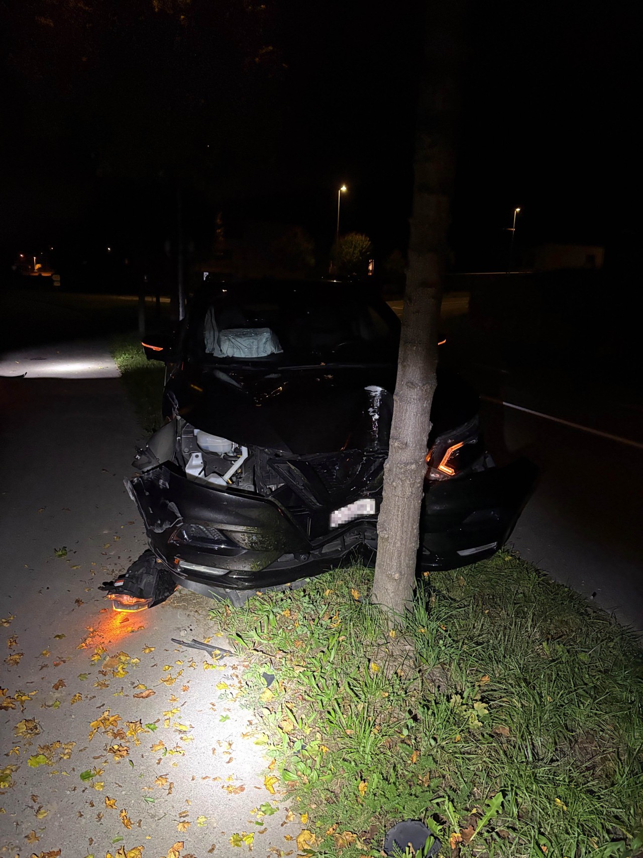 Fahrzeug frontal mit Baum kollidiert. Fahrzeug stark beschädigt.