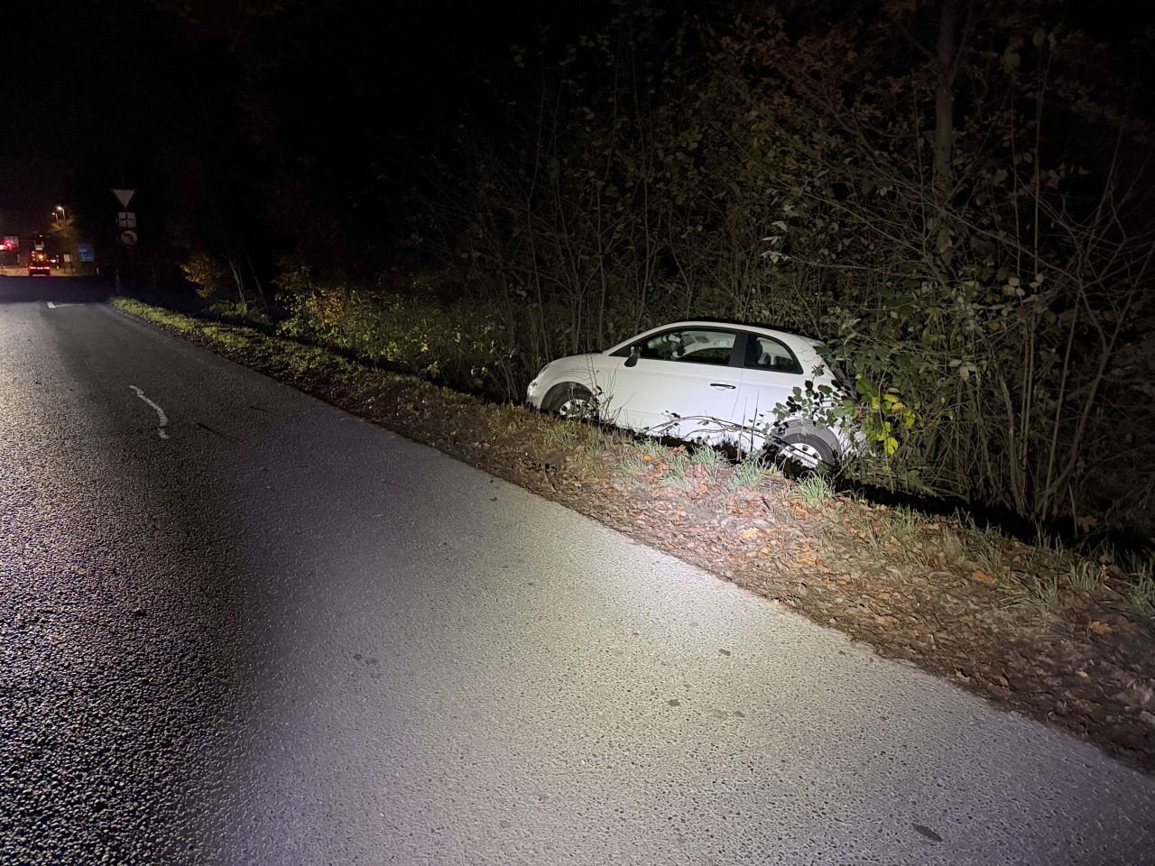 Verunfalltes Auto hängt in Böschung.