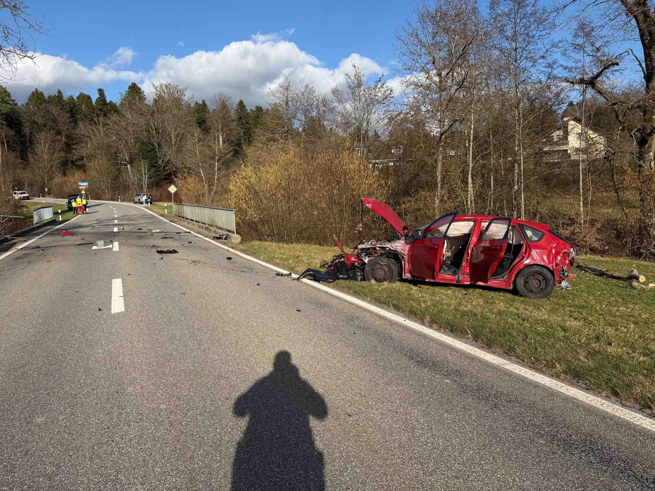 Beschädigtes rotes Fahrzeug im Wiesland. Trümmerteile auf Strasse. Brückengeländer beschädigt.