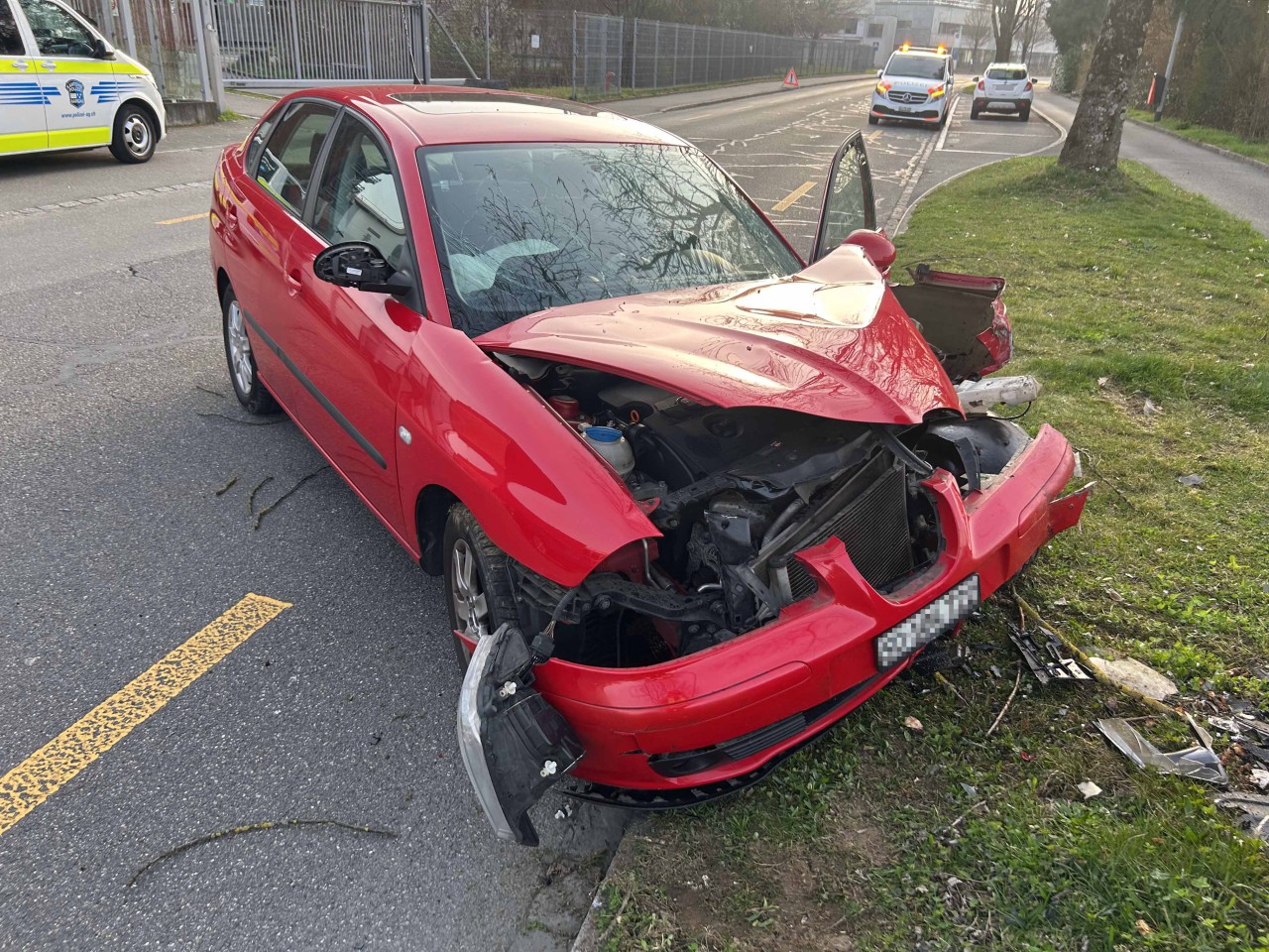 Demoliertes Unfallfahrzeug nach Kollision mit Baum.