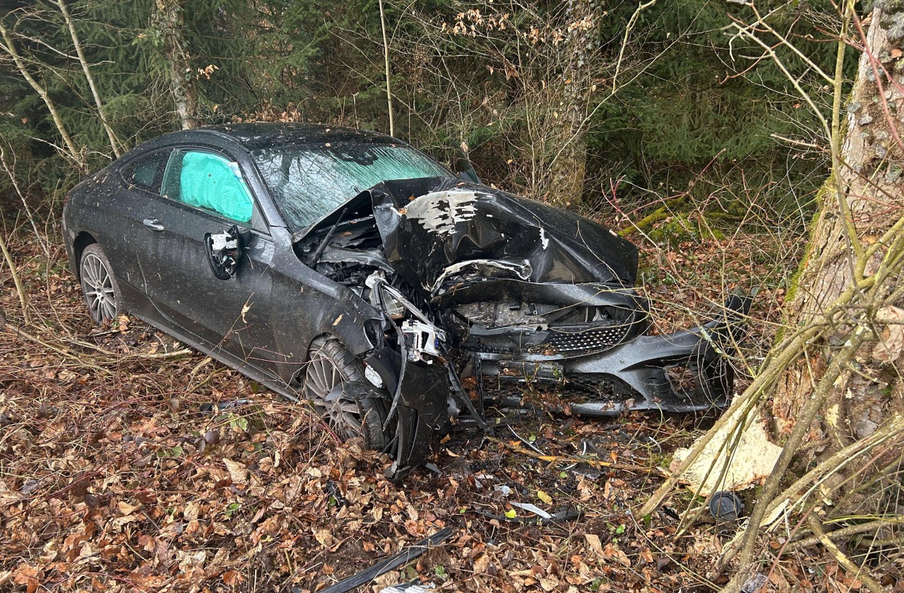 Demolierter Unfallwagen nach Kollision mit Baum.