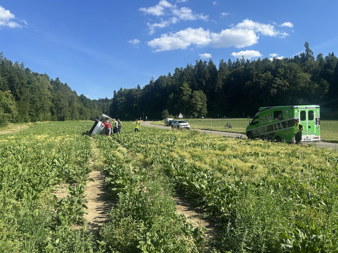 Unfallwagen auf  dem Dach im Feld liegend.