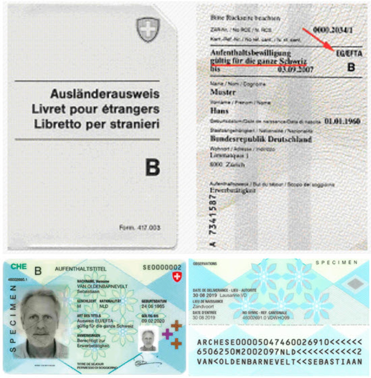 Ausländerausweis B (oben) und Ausweis B AA19-EU/EFTA (unten)