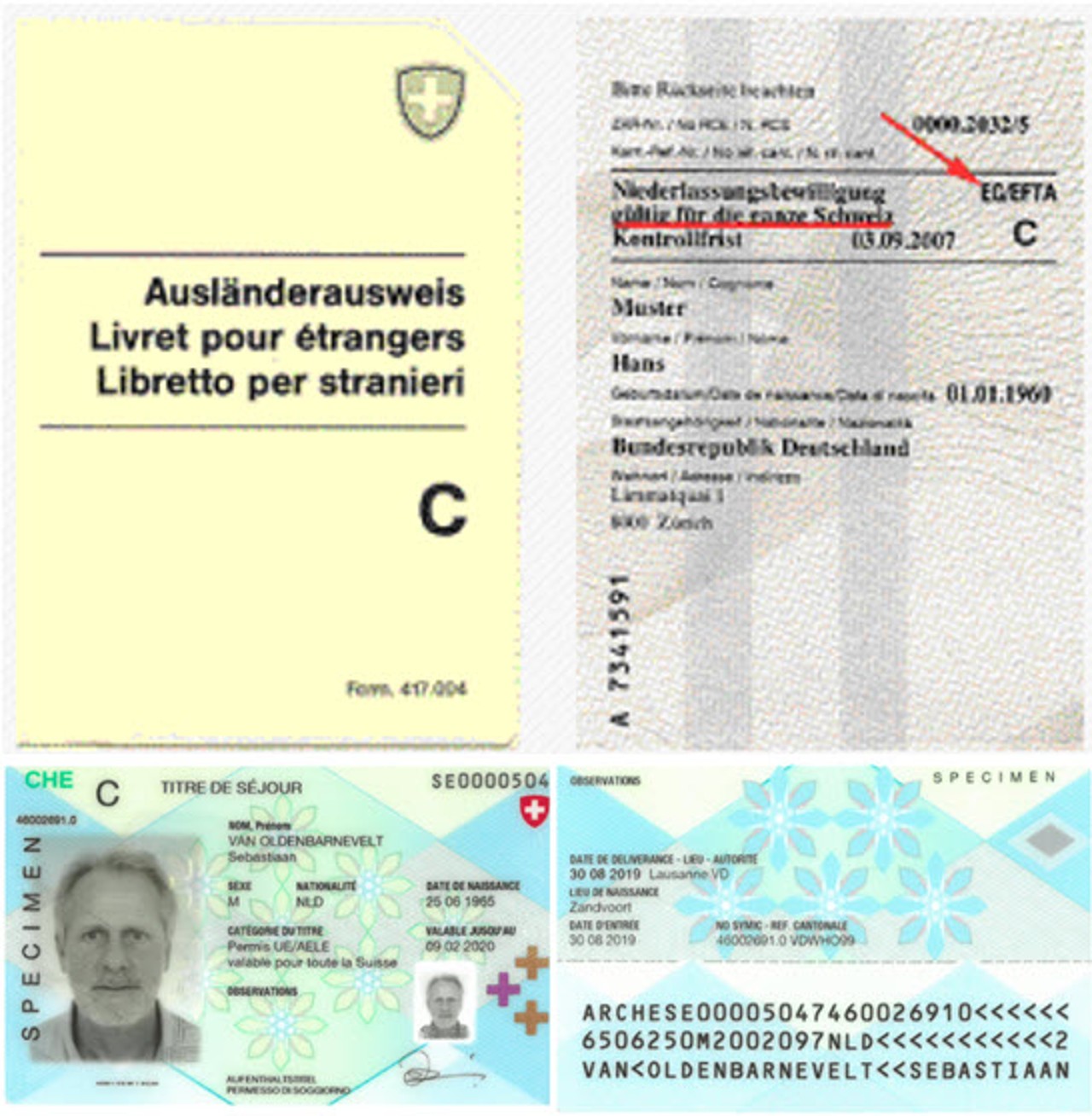 Ausländerausweis C (oben) und Ausweis C AA19-EU/EFTA (unten)