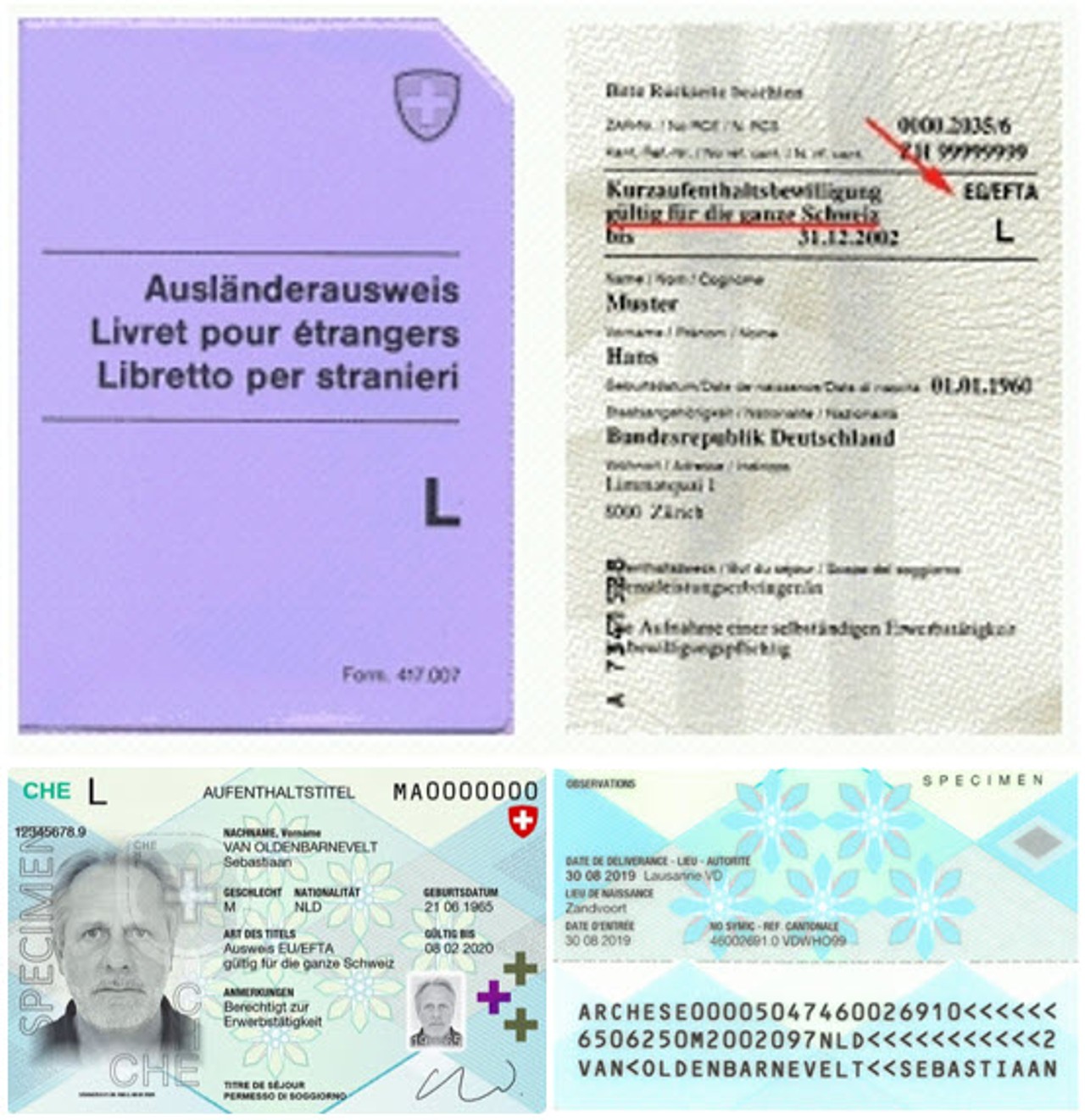 Ausländerausweis L (oben) und Ausweis L AA19-EU/EFTA (unten)
