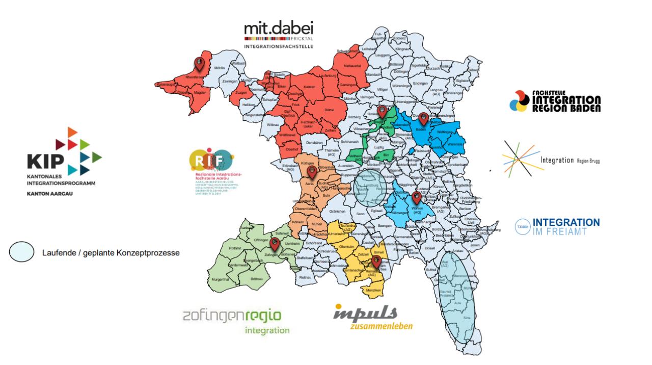 Karte des Kantons Aargau mit blau Markierten Regionalen Integrationsfachstellen.
