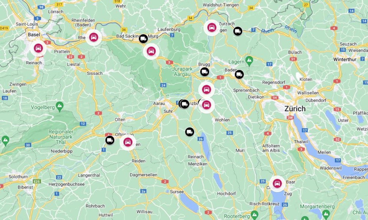 Landkarte mit markierten Prüfungsorten für leichte und schwere Fahrzeuge