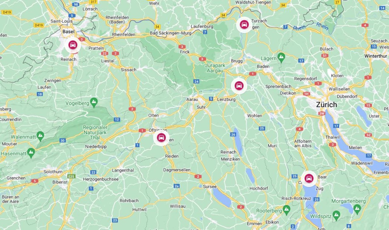 Landkarte mit markierten Prüfungsorten für leichte Fahrzeuge und Motorräder