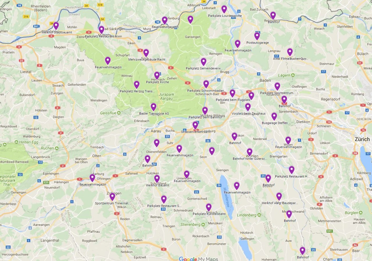 Landkarte mit markierten Prüfungsorten für landwirtschafliche Fahrzeuge und Baumaschinen