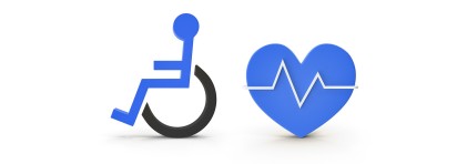 Symbol für Rollstuhl und ein blaues Herz mit Sinuskurve