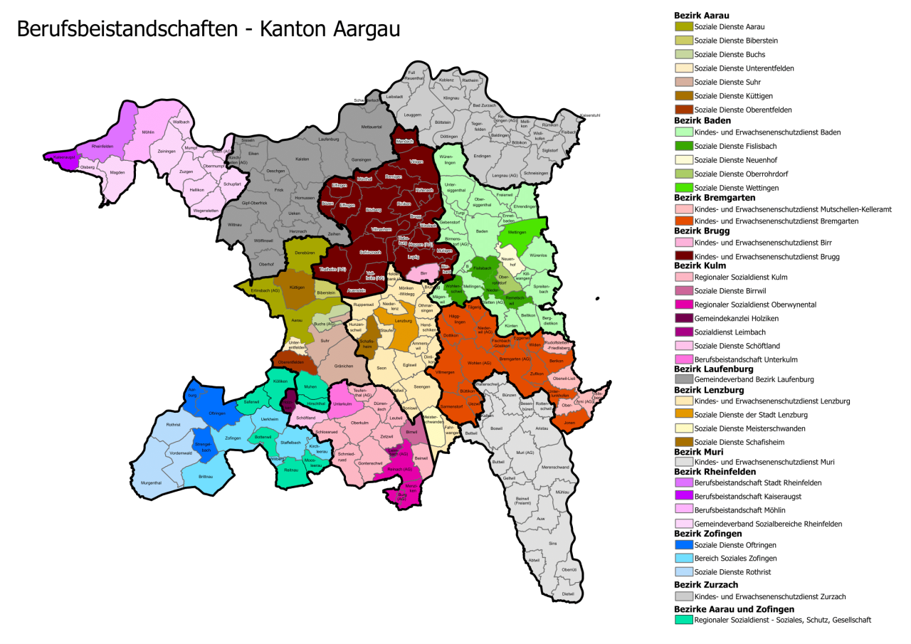 Karte Berufsbeistandschaften im Kanton Aargau
