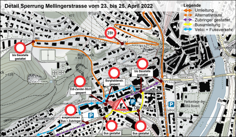 Grafik zeigt Details zur Sperrung der Mellingerstrasse in Baden im April 2022