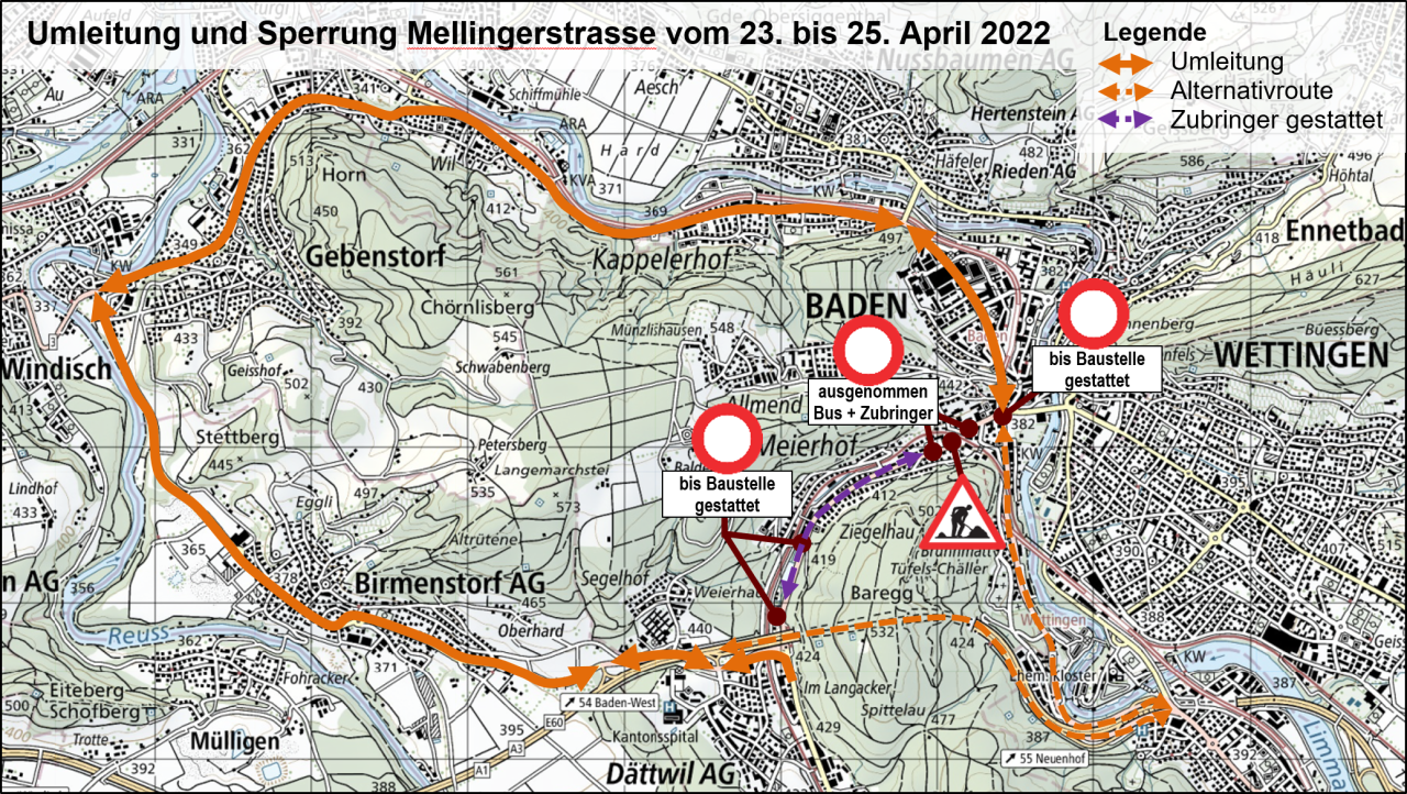 Grafik zeigt Details zur Umleitung während der Sperrung der Mellingerstrasse in Baden im April 2022