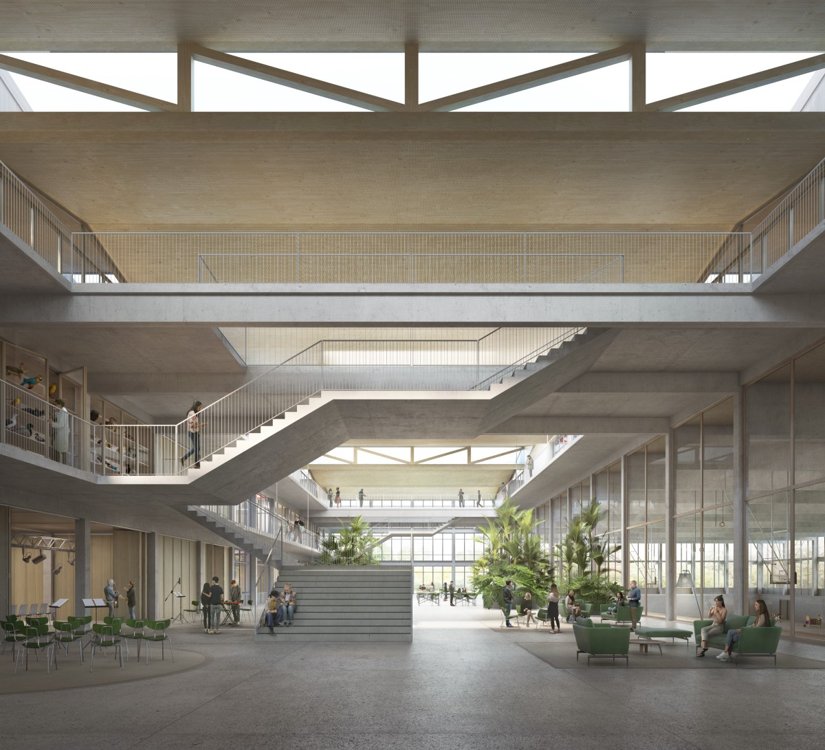 Eine zentrale Halle verbindet die sechs Gebäudeeinheiten zu einer clusterartigen Struktur und bildet ein vielseitig nutzbares Forum.