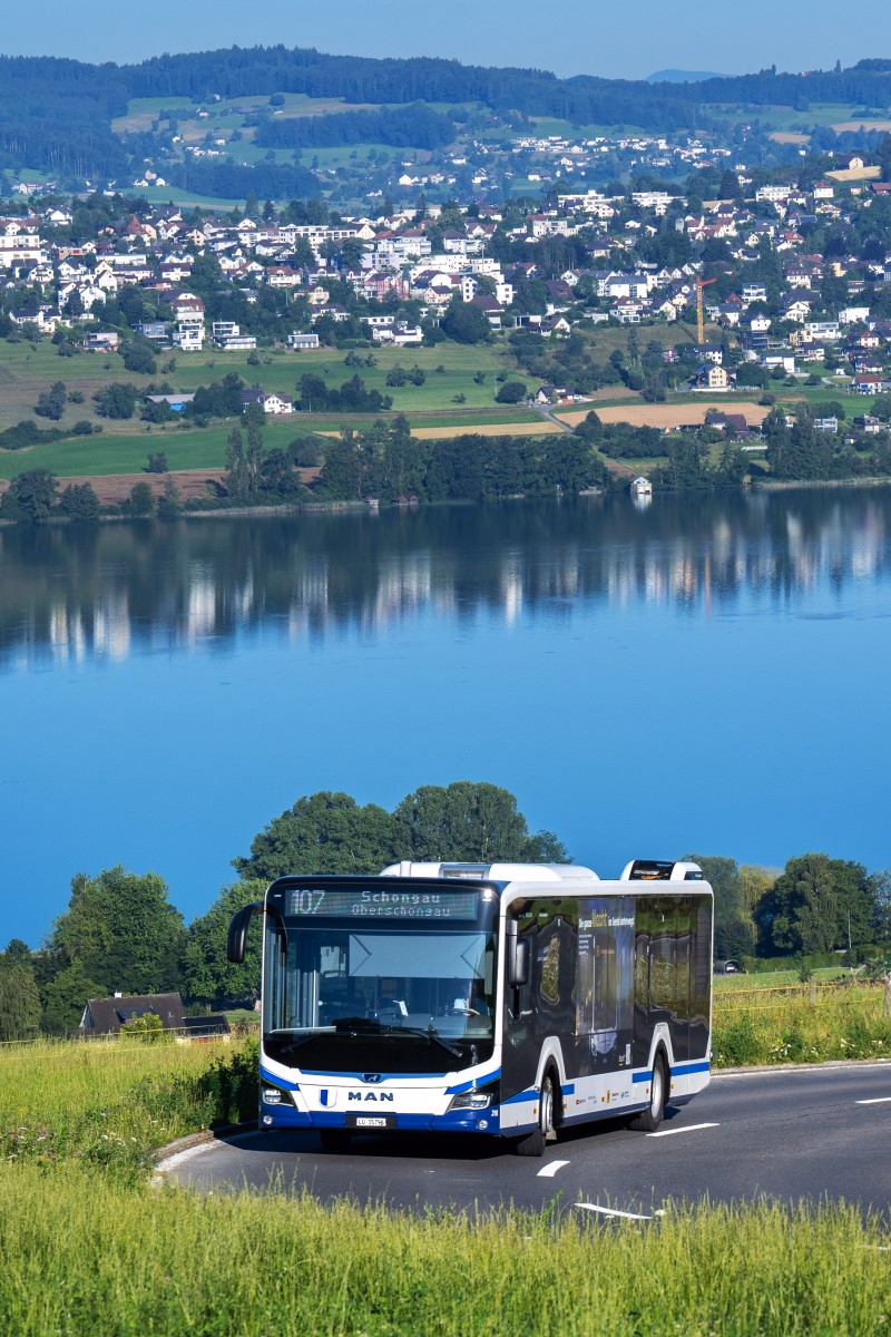 Foto hochformat von Buslinie 107 Schongau mit Hallwilersee im Hintergrund.