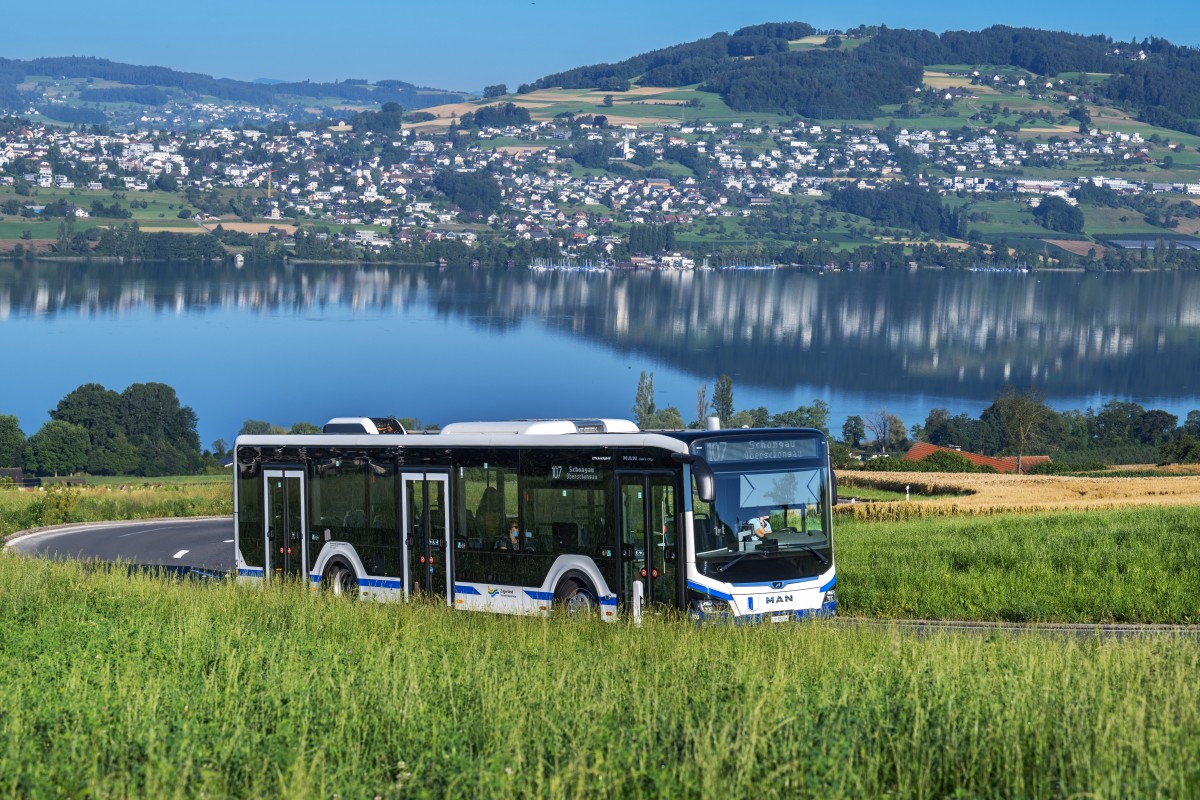 Foto querformat von Buslinie 107 Schongau mit Hallwilersee im Hintergrund.