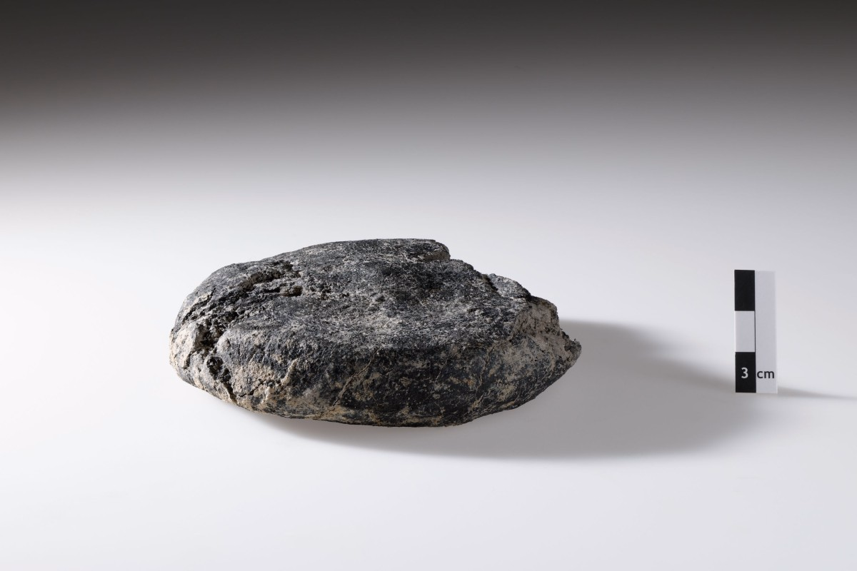 Ein flacher, schwarzgrauer, leicht ovaler Klumpen mit rauer Oberfläche liegt vor neutralem Hintergrund; rechts daneben steht ein Massstab, der 3 cm anzeigt.