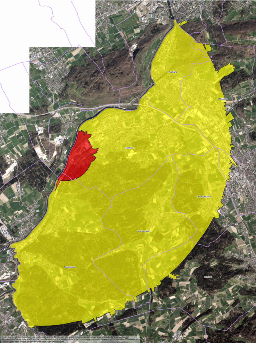 Befallsherd und Pufferzone des Japankäfers im Kanton Aargau.