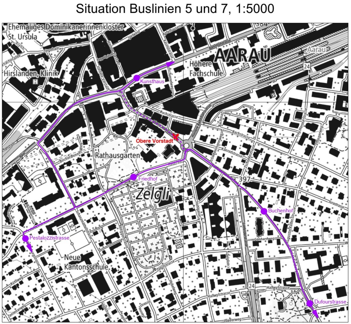 Plan Oberen Vorstadt in Aarau. Dieser zeigt, wie der öV umgeleitet wird.
