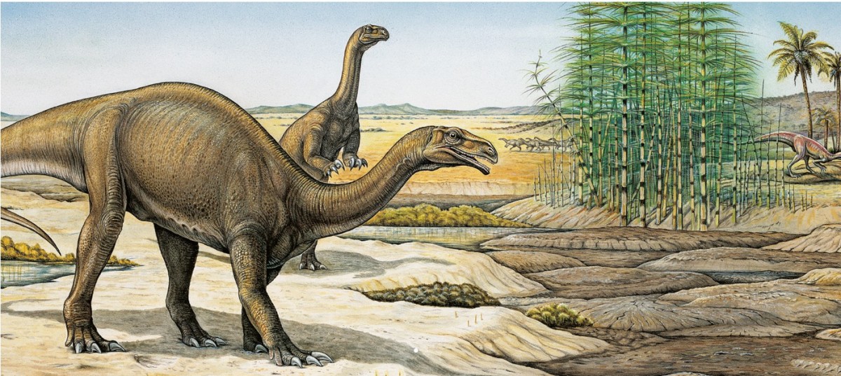 Zwei pflanzenfressende Dinosaurier in einer trockenen Landschaft mit Wasserstellen und Bäumen im Hintergrund.