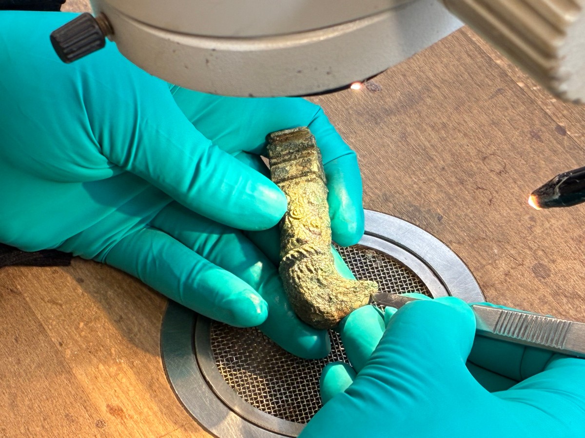 Zwei Hände mit grünen Handschuhen halten ein archäologisches Fundstück unter einem Mikroskop und bearbeiten es mit Werkzeugen.