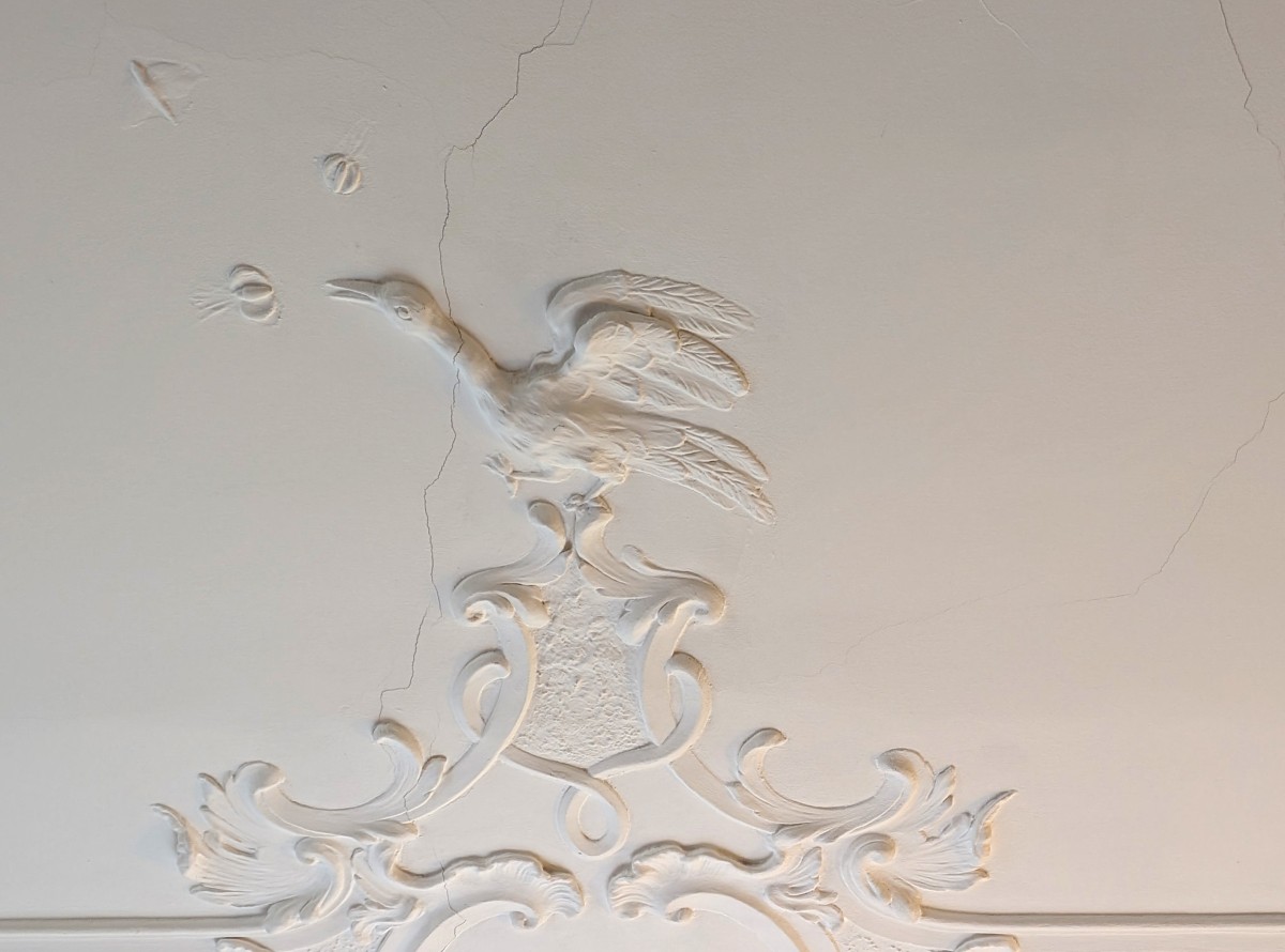 Stuckarbeiten an einer Decke mit einem Relief, das einen Vogel zeigt, umgeben von dekorativen Ornamenten.