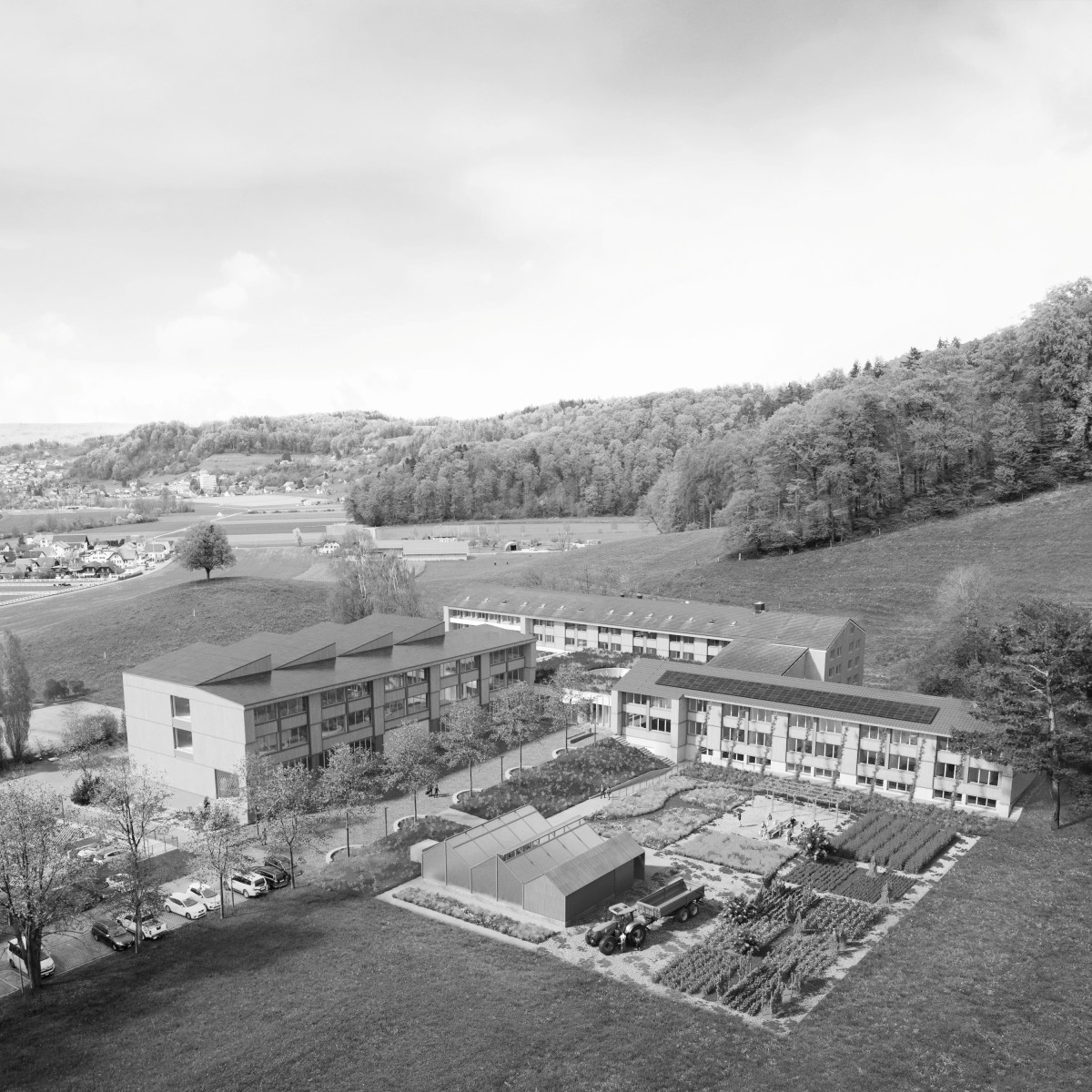 Visualisierung Campus Landwirtschaftliches Zentrum Liebegg aus der Vogelperspektive.