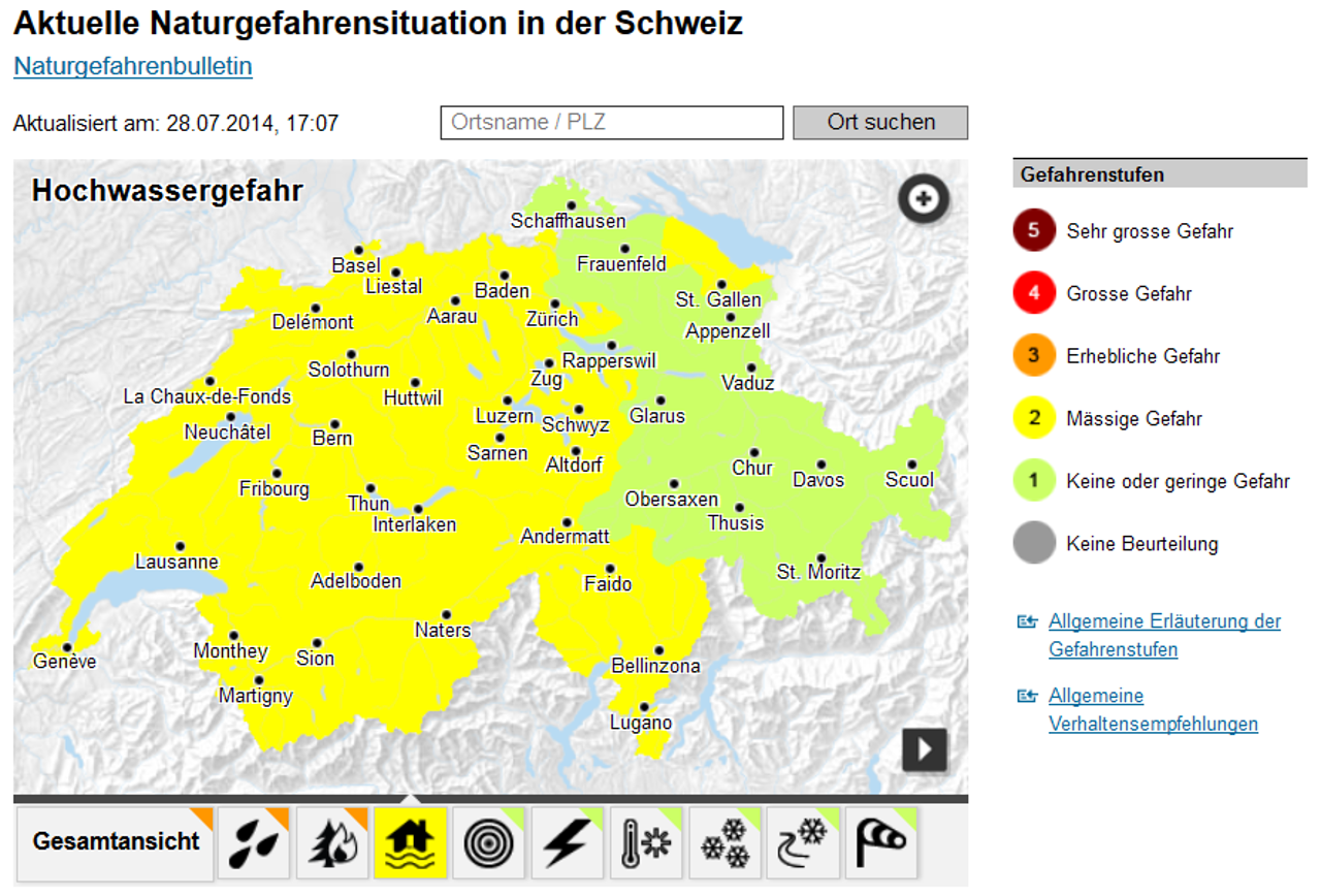 Ausschnitt aus der Webseite www.naturgefahren.ch
