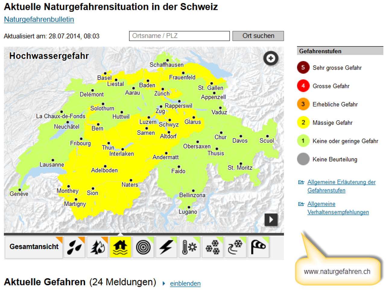 Ausschnitt aus der Webseite www.naturgefahren.ch